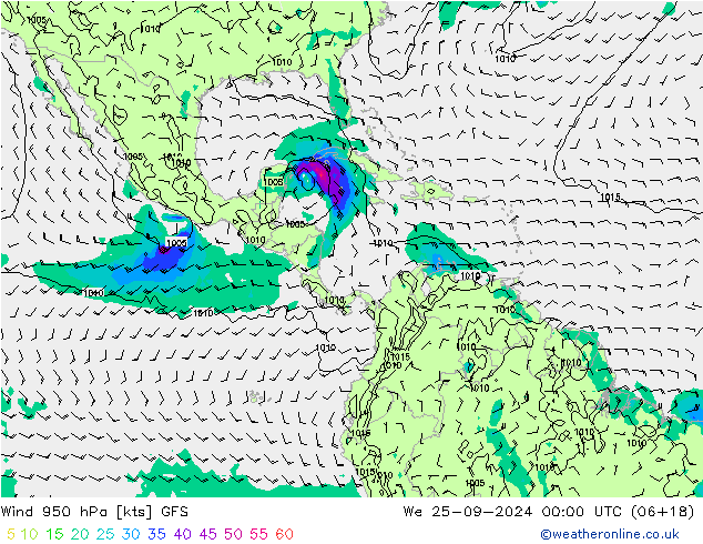 Vento 950 hPa GFS Qua 25.09.2024 00 UTC