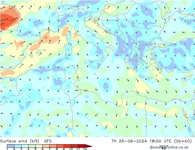 Surface wind (bft) GFS Th 26.09.2024 18 UTC