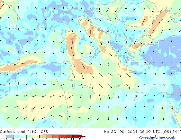 Viento 10 m (bft) GFS lun 30.09.2024 06 UTC