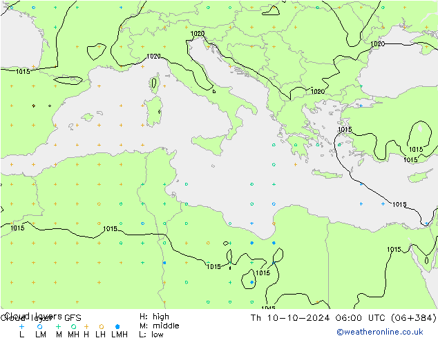 Cloud layer GFS Čt 10.10.2024 06 UTC