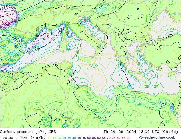 Isotachs (kph) GFS gio 26.09.2024 18 UTC