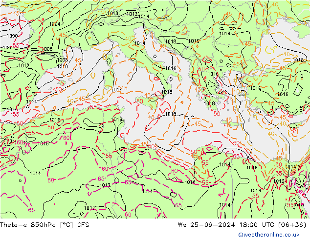 Theta-e 850hPa GFS We 25.09.2024 18 UTC