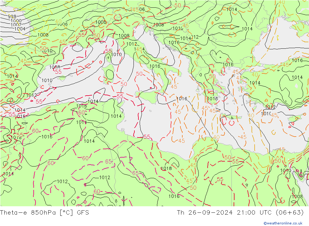 Theta-e 850hPa GFS  26.09.2024 21 UTC