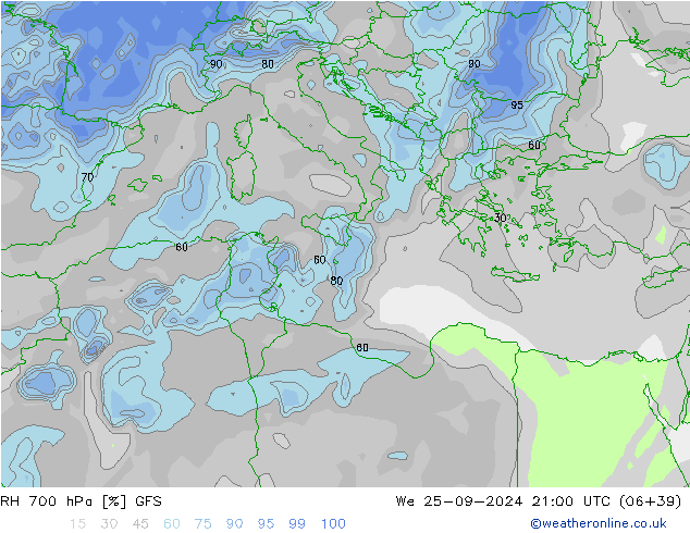 RH 700 hPa GFS We 25.09.2024 21 UTC