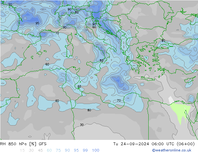 RH 850 hPa GFS Tu 24.09.2024 06 UTC