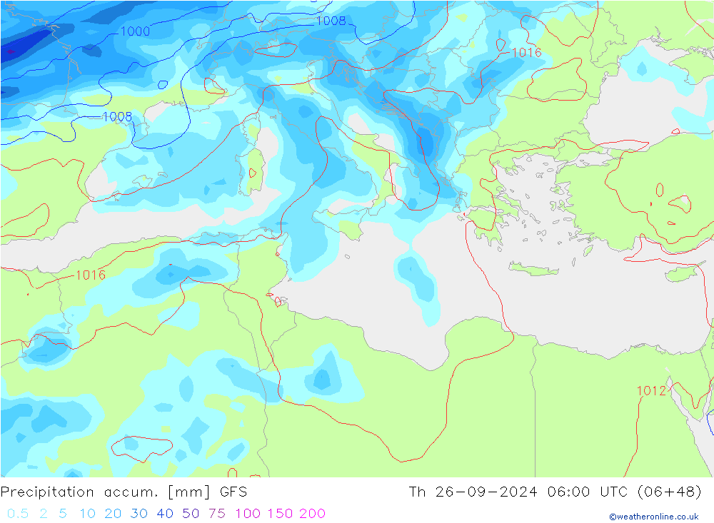 Precipitation accum. GFS Th 26.09.2024 06 UTC