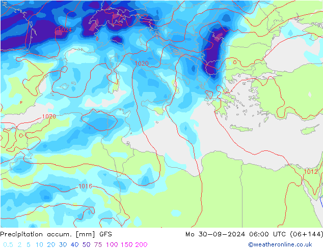 Precipitación acum. GFS lun 30.09.2024 06 UTC