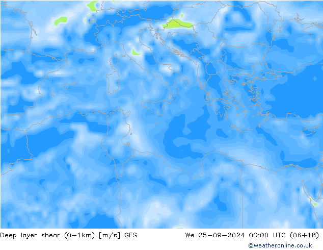 Deep layer shear (0-1km) GFS mer 25.09.2024 00 UTC