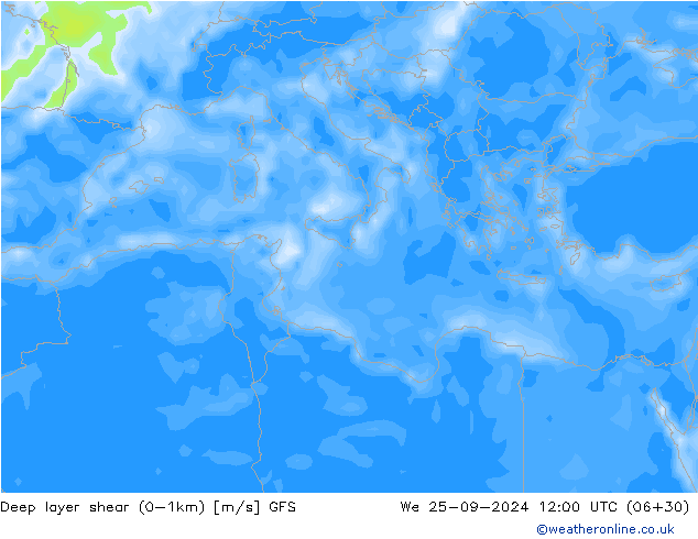 Deep layer shear (0-1km) GFS wo 25.09.2024 12 UTC