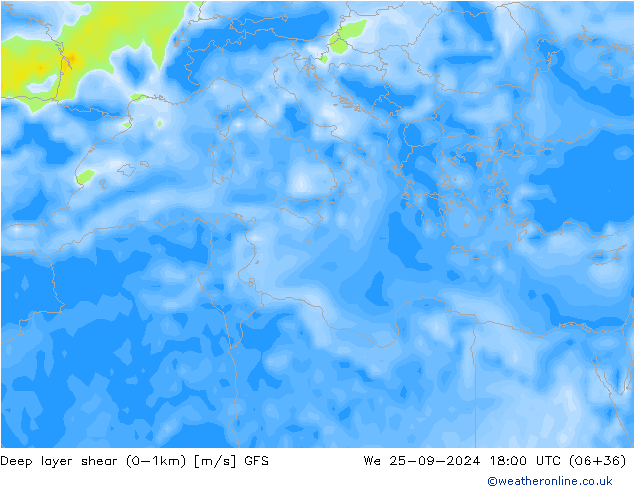 Deep layer shear (0-1km) GFS We 25.09.2024 18 UTC