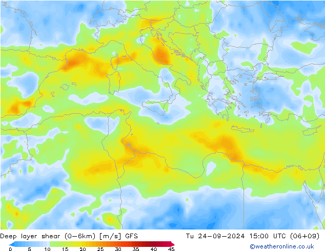 Deep layer shear (0-6km) GFS  24.09.2024 15 UTC