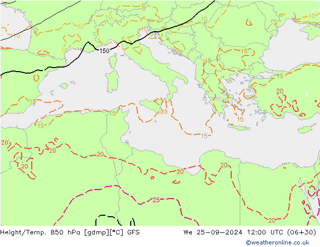 Geop./Temp. 850 hPa GFS mié 25.09.2024 12 UTC