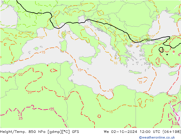 Height/Temp. 850 hPa GFS mer 02.10.2024 12 UTC