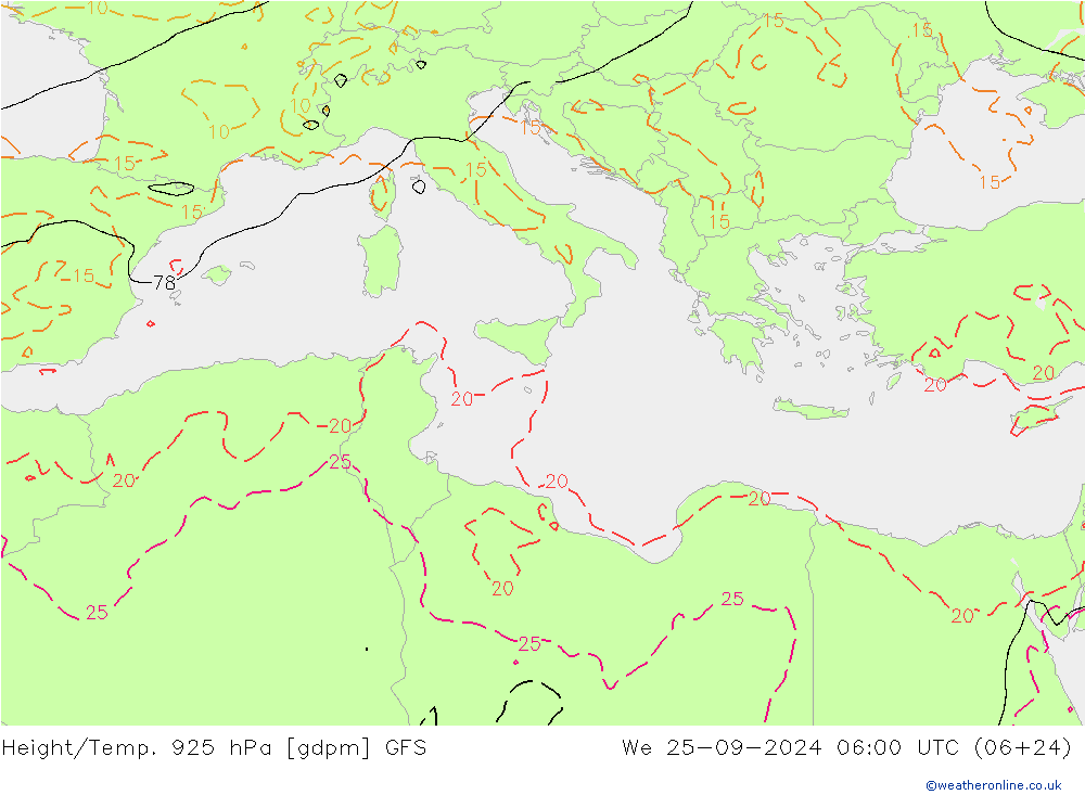 Geop./Temp. 925 hPa GFS mié 25.09.2024 06 UTC