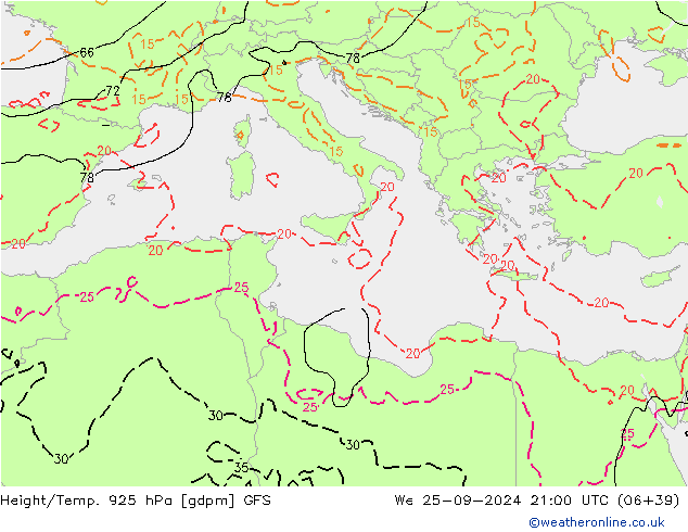 Geop./Temp. 925 hPa GFS mié 25.09.2024 21 UTC