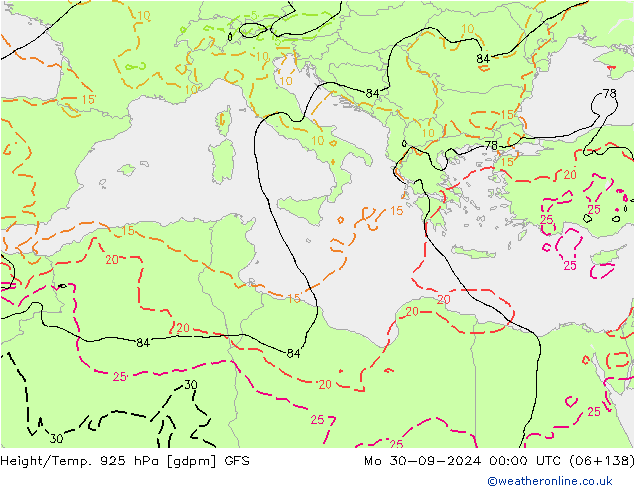 Geop./Temp. 925 hPa GFS lun 30.09.2024 00 UTC