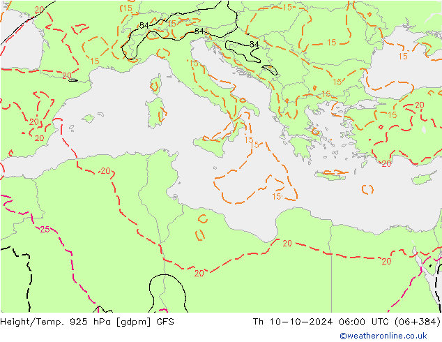 Height/Temp. 925 hPa GFS Čt 10.10.2024 06 UTC