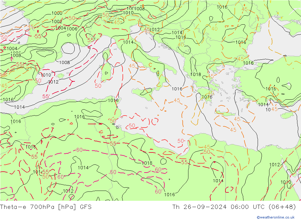 Theta-e 700hPa GFS jeu 26.09.2024 06 UTC