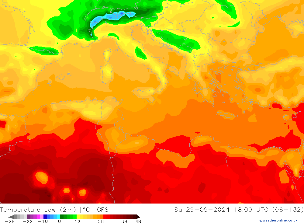 Temperature Low (2m) GFS Su 29.09.2024 18 UTC