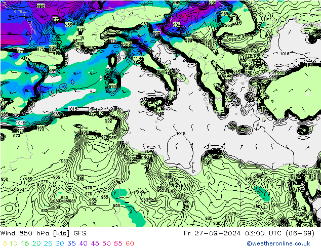 Vento 850 hPa GFS ven 27.09.2024 03 UTC