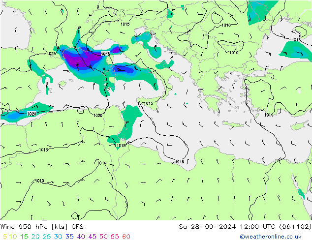 Rüzgar 950 hPa GFS Cts 28.09.2024 12 UTC