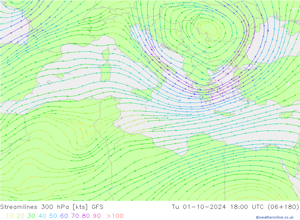 Streamlines 300 hPa GFS Tu 01.10.2024 18 UTC