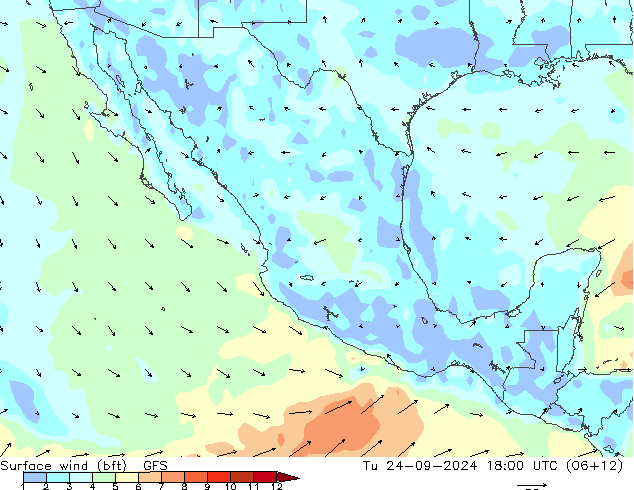 wiatr 10 m (bft) GFS wto. 24.09.2024 18 UTC