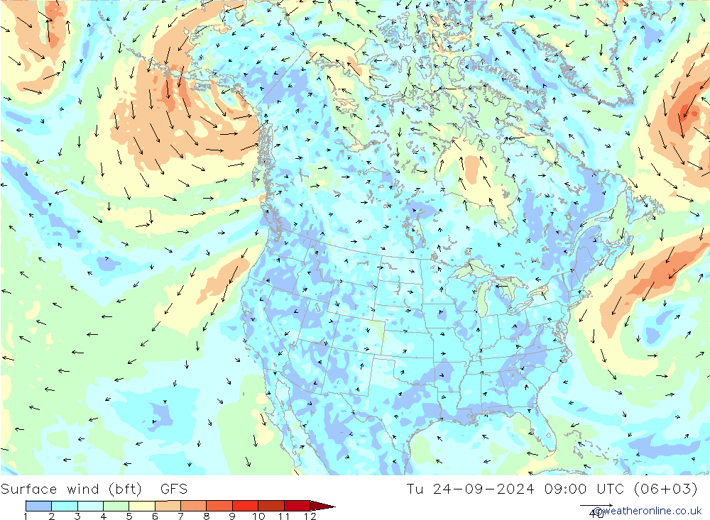 Surface wind (bft) GFS Tu 24.09.2024 09 UTC