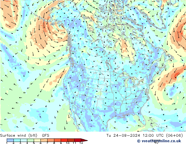 Surface wind (bft) GFS Út 24.09.2024 12 UTC