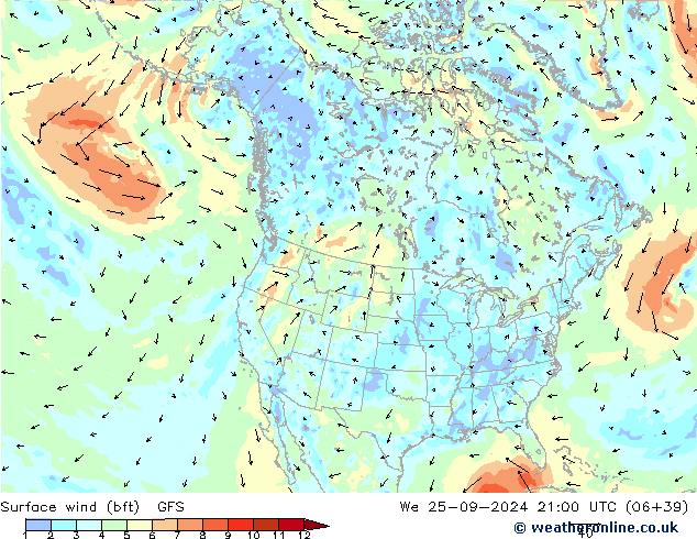 Surface wind (bft) GFS We 25.09.2024 21 UTC