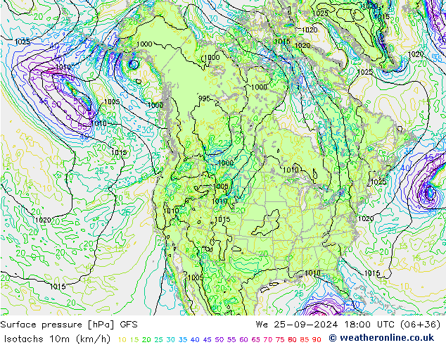 Isotachs (kph) GFS We 25.09.2024 18 UTC