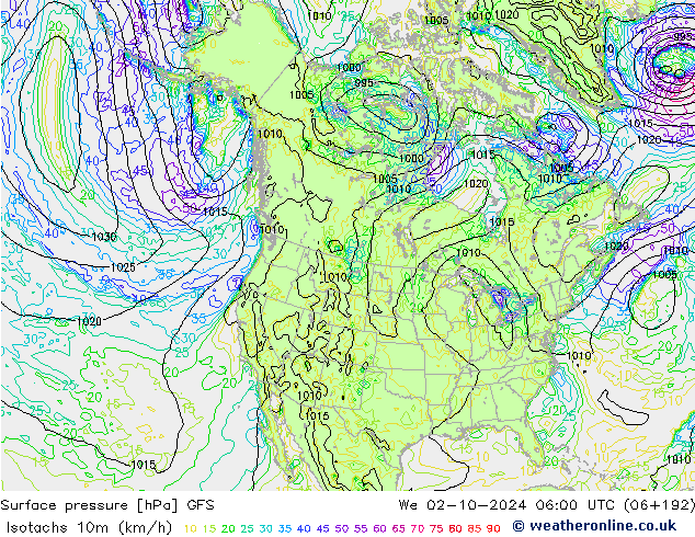 Isotachs (kph) GFS We 02.10.2024 06 UTC