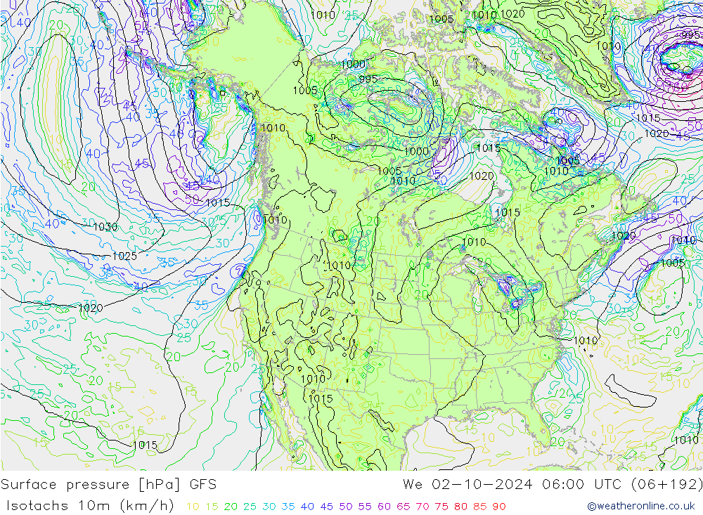 Isotachs (kph) GFS We 02.10.2024 06 UTC