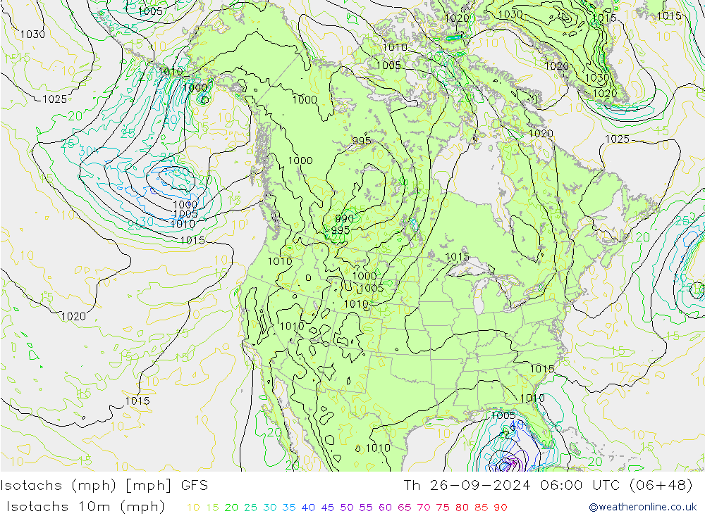 Isotachs (mph) GFS Th 26.09.2024 06 UTC