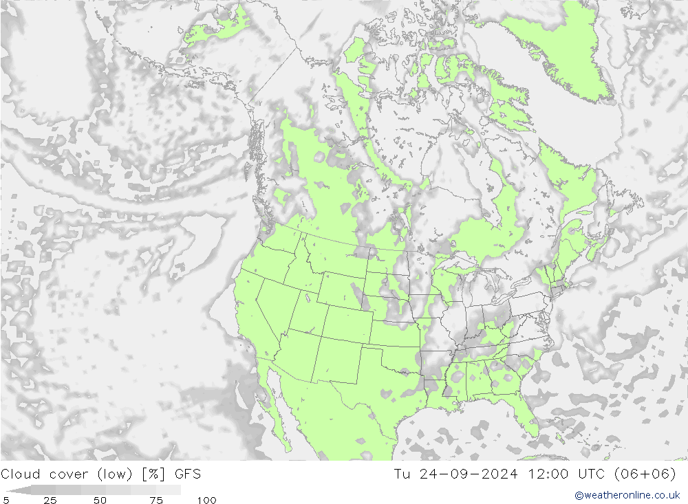 Cloud cover (low) GFS Tu 24.09.2024 12 UTC