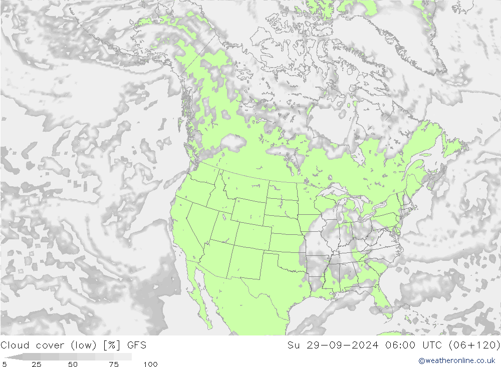 Cloud cover (low) GFS Su 29.09.2024 06 UTC