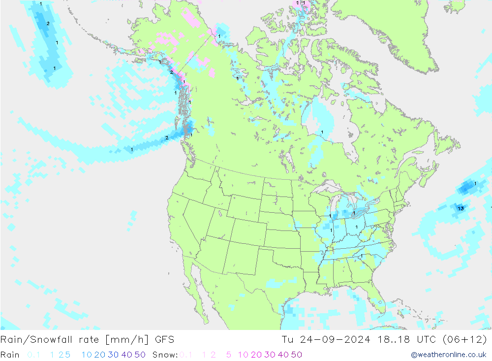 Rain/Snowfall rate GFS Tu 24.09.2024 18 UTC