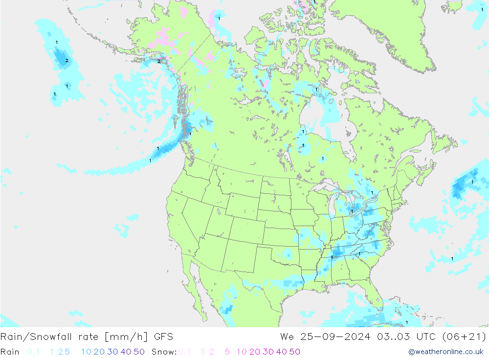 Rain/Snowfall rate GFS mer 25.09.2024 03 UTC