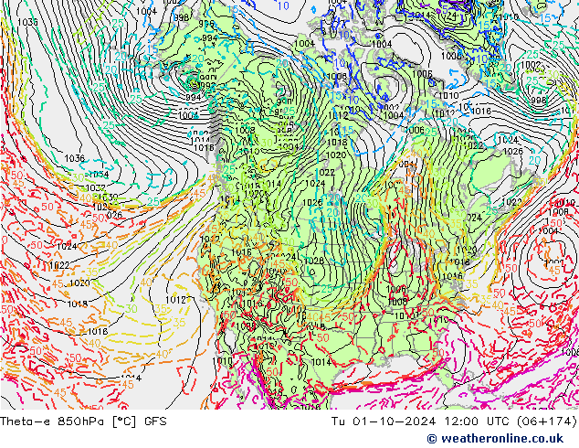 Theta-e 850гПа GFS вт 01.10.2024 12 UTC