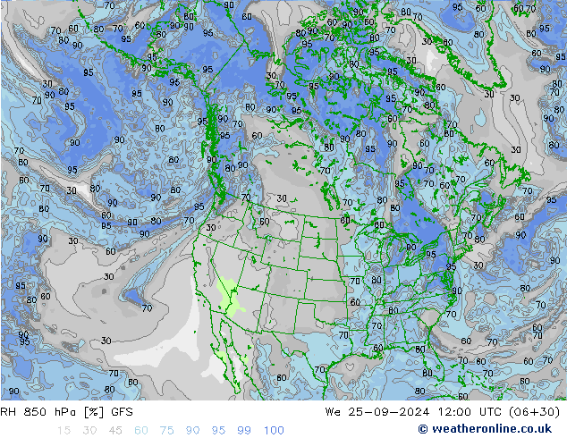 RH 850 hPa GFS mer 25.09.2024 12 UTC