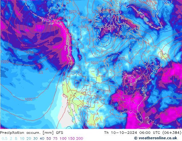 Precipitación acum. GFS jue 10.10.2024 06 UTC