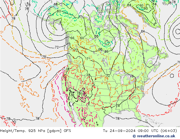 Height/Temp. 925 hPa GFS Út 24.09.2024 09 UTC