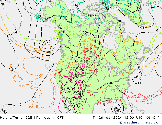 Height/Temp. 925 hPa GFS gio 26.09.2024 12 UTC