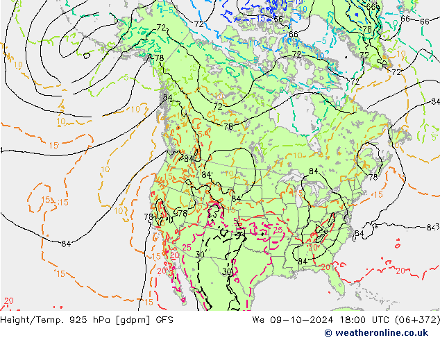 Height/Temp. 925 hPa GFS mer 09.10.2024 18 UTC