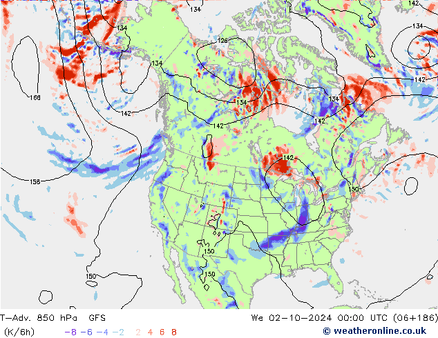 T-Adv. 850 hPa GFS śro. 02.10.2024 00 UTC