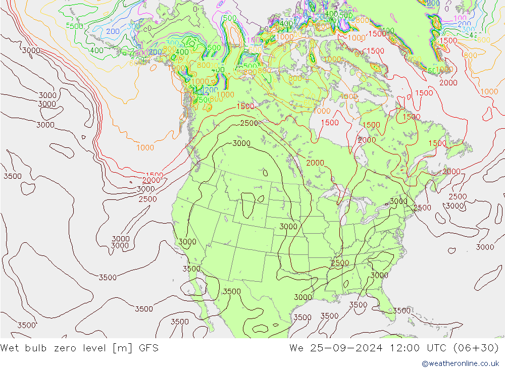 Wet bulb zero level GFS ср 25.09.2024 12 UTC