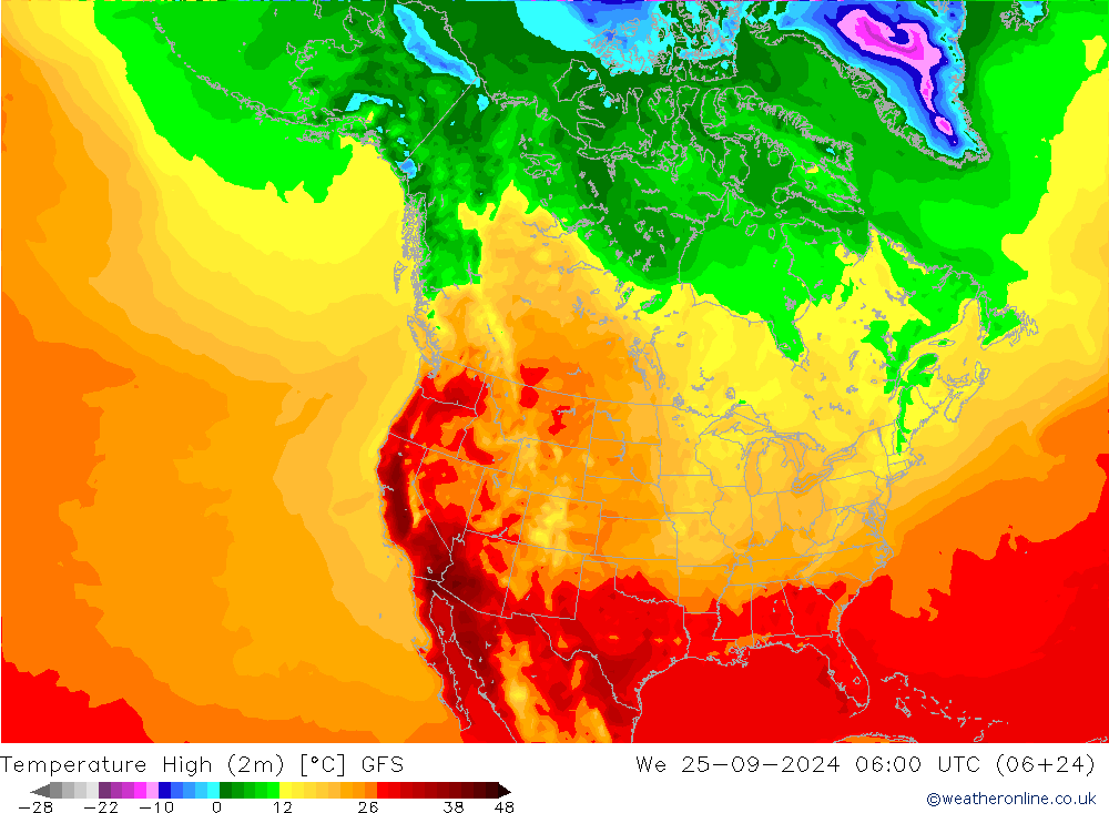 temperatura máx. (2m) GFS Qua 25.09.2024 06 UTC