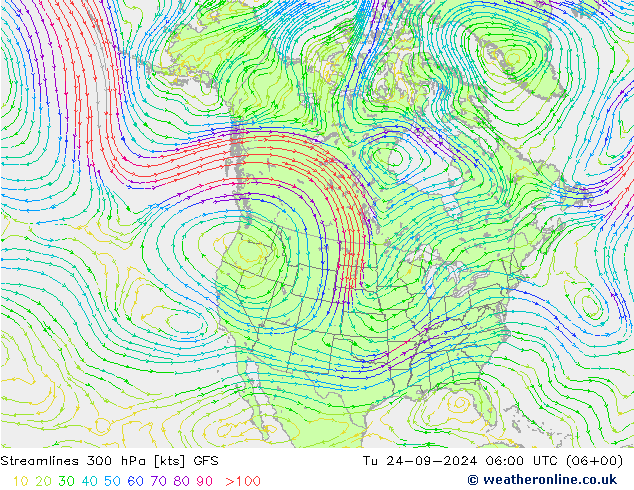 Streamlines 300 hPa GFS Tu 24.09.2024 06 UTC