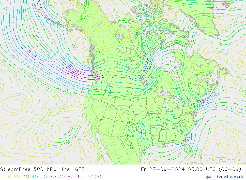 Ligne de courant 500 hPa GFS ven 27.09.2024 03 UTC