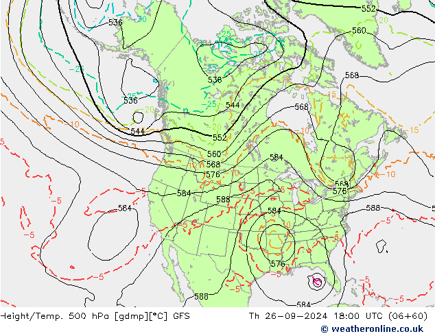 Z500/Rain (+SLP)/Z850 GFS Čt 26.09.2024 18 UTC